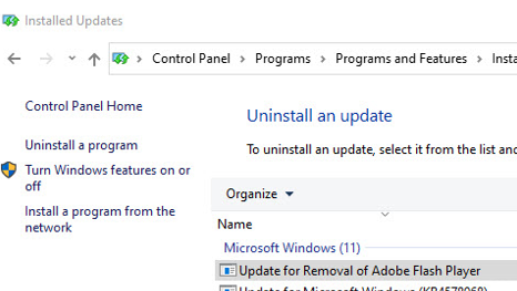 обновление Update for Removal of Adobe Flash Player установлено на компьютер с windows 10