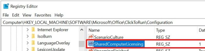 параметр реестра SharedComputerLicensing для office365 HKEY_LOCAL_MACHINESOFTWAREMicrosoftOfficeClickToRunConfiguration 