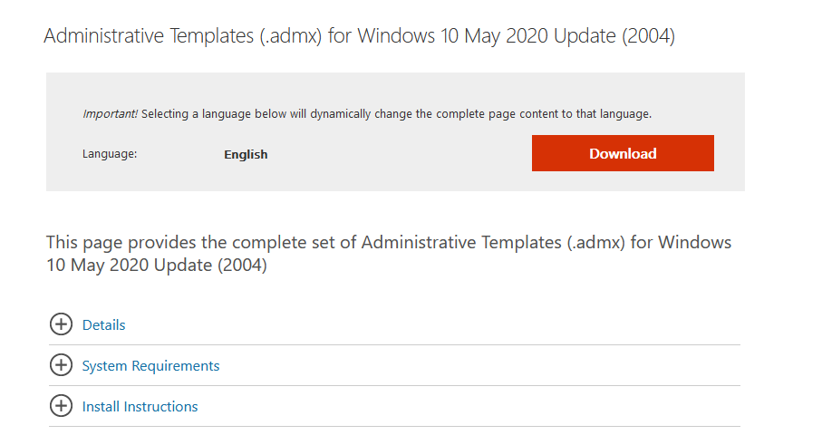 скачать Administrative Templates (.admx) for Windows 10 2004