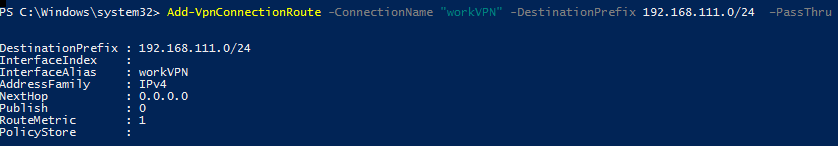 Add-VpnConnectionRoute добавить статический маршрут для vpn подключения