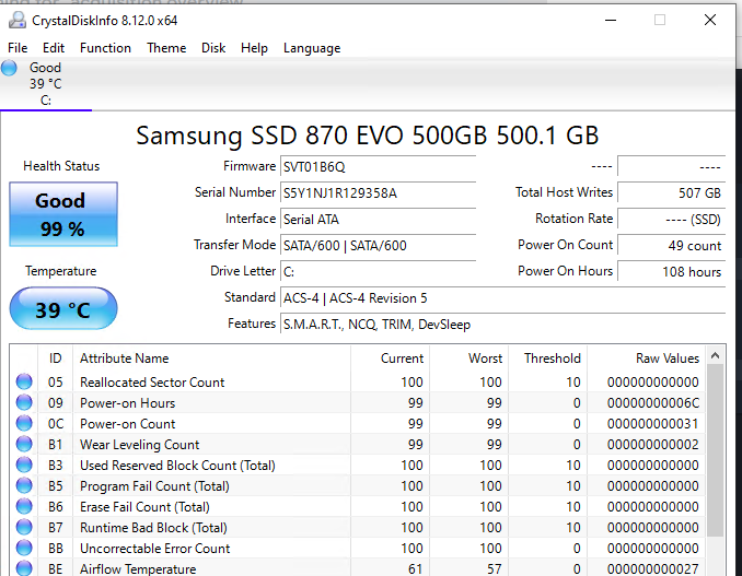 информация об SSD диске smart с помощью crystaldiskinfo