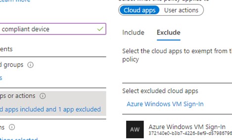 Исключения в Azure MFA Conditional Access политиках для входа на azure windows vm