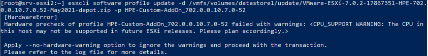 ошибка CPU_SUPPORT WARNING при апгрейде ESXi на хосте VMWare
