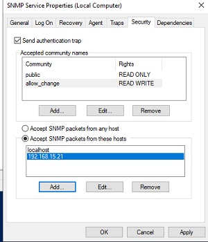 Разрешить доступ к Windows через SNMP, создать community string