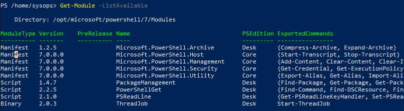 список powershell модулей в linux