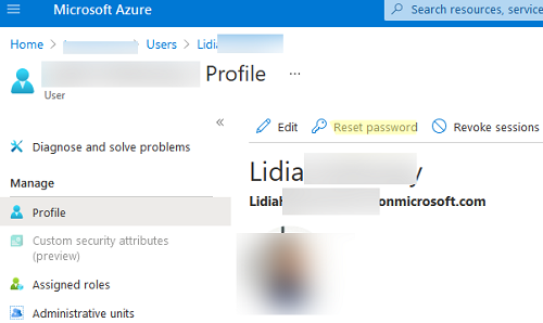 Сбросить пароль пользователя через портала Azure 