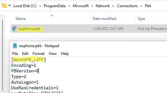 файл rasphone.pbk содержит список общих VPN подключений в Windows 11