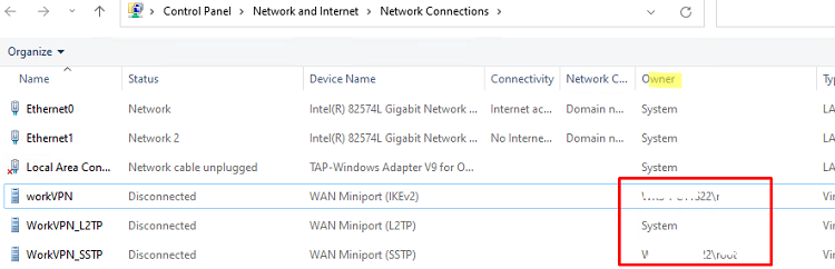 список VPN подключений в панели управления сетями и общим доступом