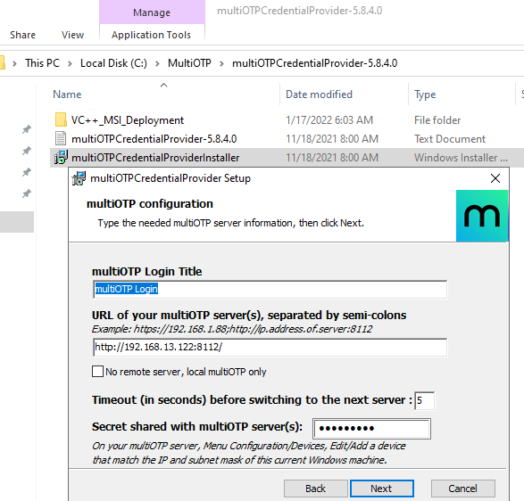 установка multiOTP CredentialProvider в Windows Server