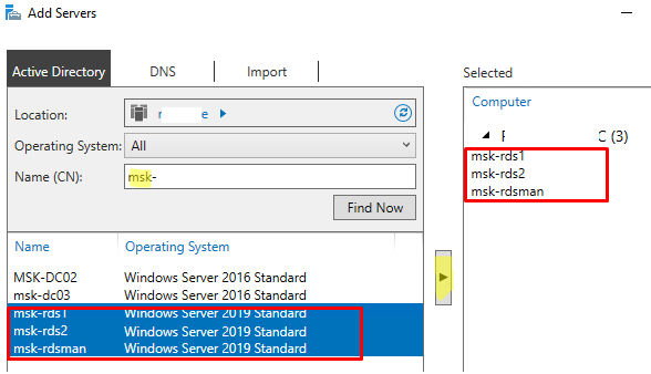 добавить сервера Windows Server для установки ролей Remote Desktop Services