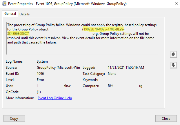eventid 1095 The processing of Group Policy failed LDAP data is invalid