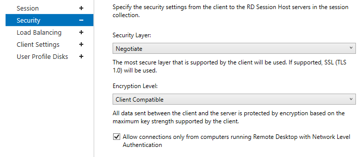 параметры безопасности RDP подключений в коллекции RDS