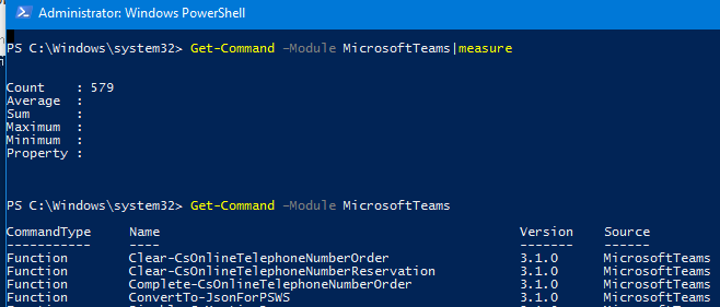 список командлетов в powershell модуле для управления Microsoft Teams