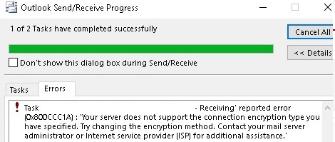 Outlook ошибка 0x800CCC1A - Ваш сервер не поддерживает указанный тип шифрования