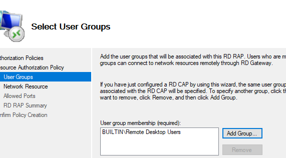 RD gateway доступ для группы BUILTIN\Remote Desktop Users