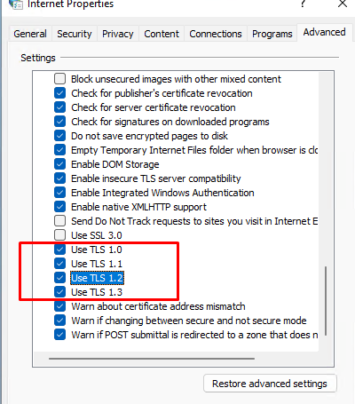 Включить/отключит версии TLS в настройках Internet Explorer