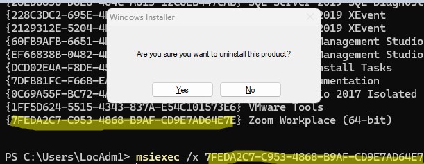 msiexec /x {GUID} команда удаления MSI приложения