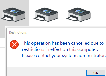 ошибка удаления принтера - Операция отменена из-за ограничений, действующих на этом компьютере