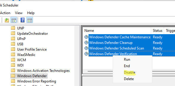 отключить задания планировщика Windows Defender