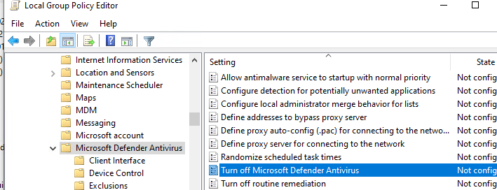 параметр групповой политики для отключения антвируса Turn off Windows Defender Antivirus 