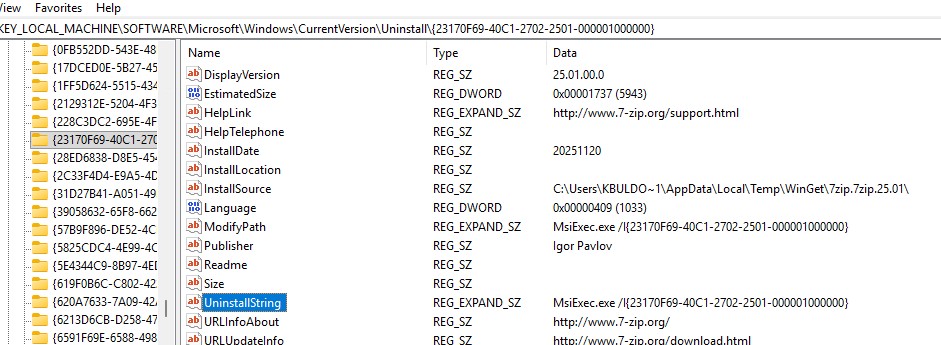 Ищем значение uninstallstring для программы в реестре