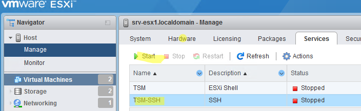 включить службу tsm-ssh на vmware hypervizor