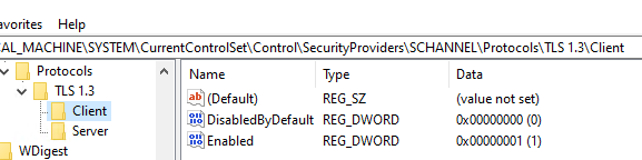 включить TLS 1.3 в реестре Windows Server