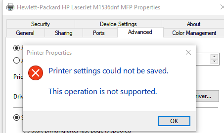 Не удалось сохранить параметры принтера. Эта операция не поддерживается. 