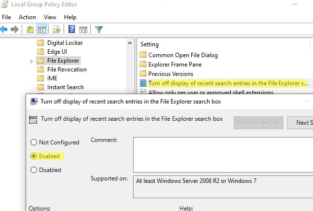 Local off. Turn off display of recent search entries in the file Explorer search.