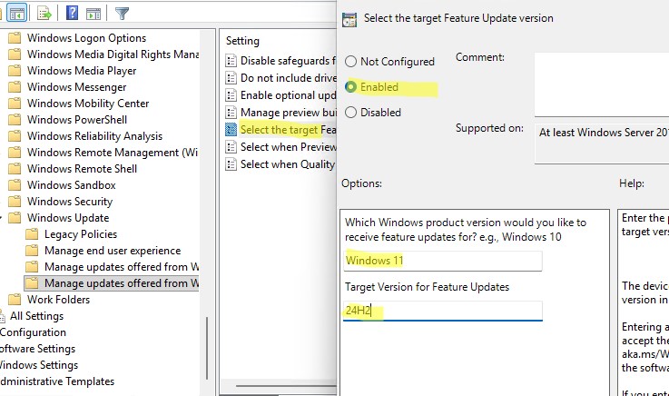 Задать целевую версию windows через политику