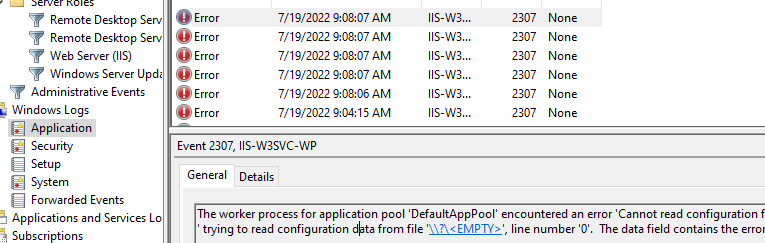 ошибкой Event ID 2307 от IIS-W3SVC-WP The worker process for application pool 'DefaultAppPool' encountered an error 'Cannot read configuration file 