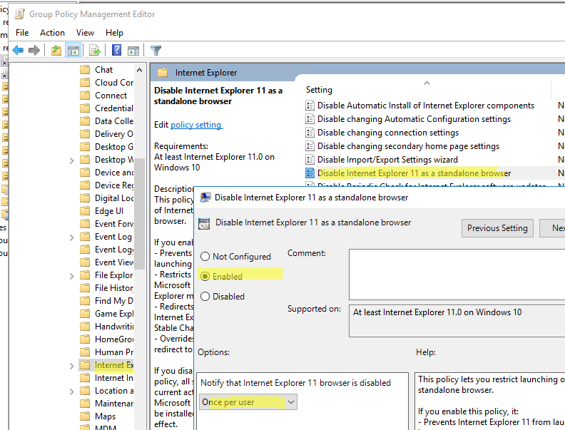 отключить Internet Explorer 11 с помощью GPO