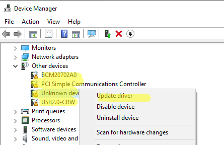 Обновить драйвер неизвестного устройства в диспетчере устройств Windows