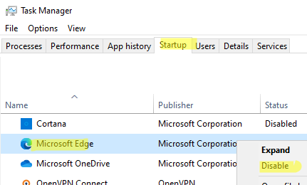 отключить автозапуск Microsoft Edge через диспетчер задач Windows 10/11