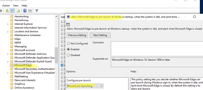 отключить предварительный запуск Edge при входе в Windows через групповую политику