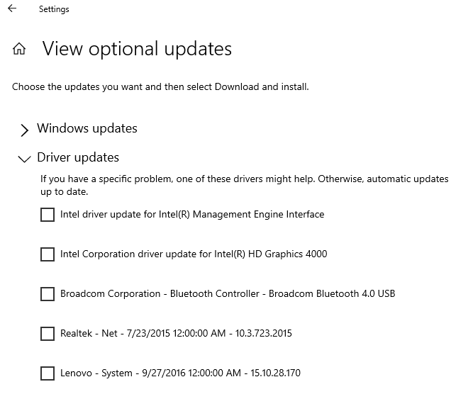 список доступных обновлений драйверов в Windows 10