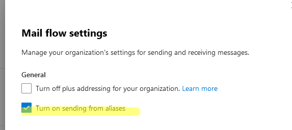 Включить опцию "Turn on sending from aliases"