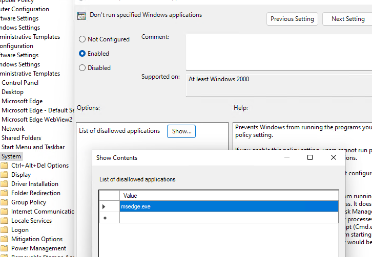 Групповая политика запретить запуск Microsoft EDGE в Windows