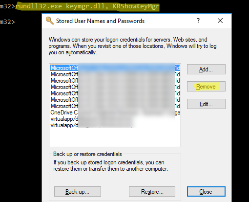 очистка сохраненных паролей в Windows Credential Manager