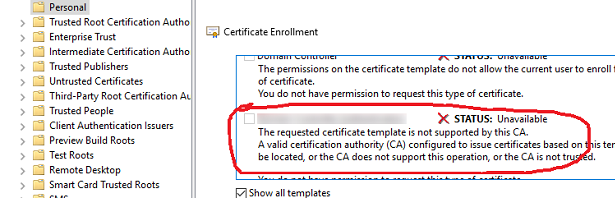Затребованный шаблон сертификата этим ЦС не поддерживается