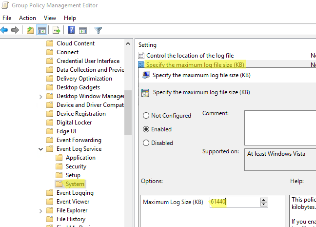 GPO задать максимальный размер лога в Windows Specify the maximum log file size (KB