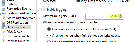 Новый максимальный размер журнала Event Log