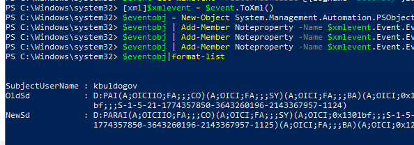 Получить старые и новые NTFS разрешения каталога из события с помощью PowerShell командлета Get-WinEvent 