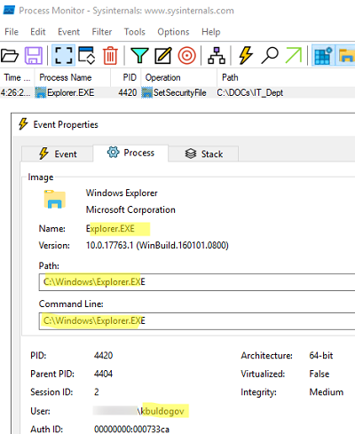 procmon вывести пользователя, который изменил NTFS права на файл или папку