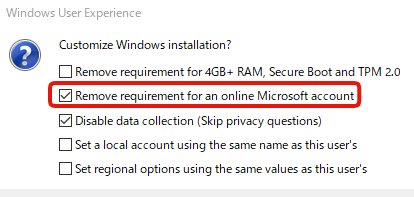 Опция Remove requirements for an online Microsoft account в Rufus для Windows 11 ISO