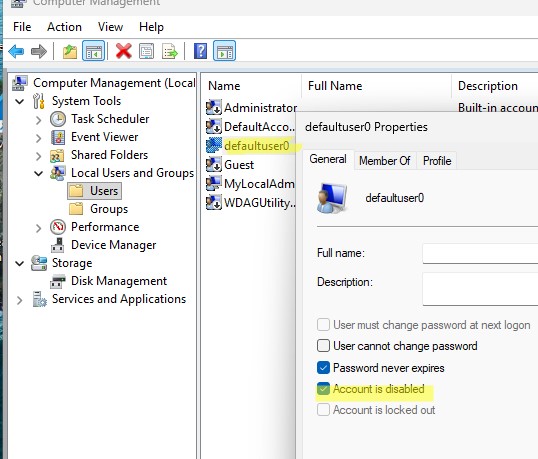 отключить пользователя defaultuser0