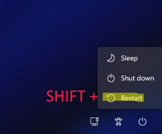 Нажать shift плюс restart на экране входа в windows для загрузки среды восстановления
