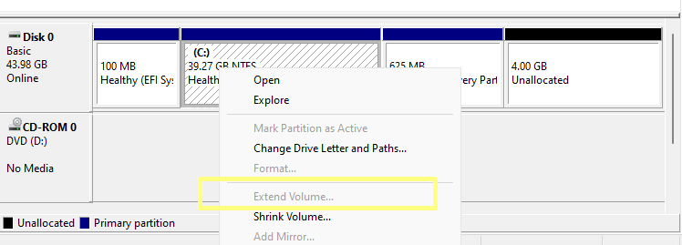 не могу расширить диск в Windows - конпка неактивна