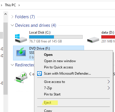 отмонтировать ISO файл в Windows 10