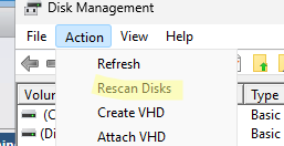 Rescan Disk в консоли управления дисками Windows